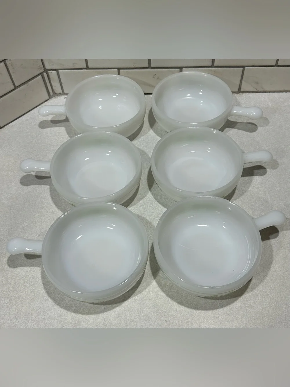 6 -Glasbake Milk Glass Handled Soup Bowl Green Daisy Floral J-2639 MCM USA VTG
